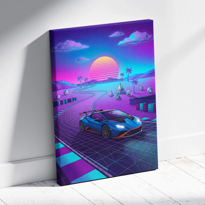 Lamborghini Huracan STO Inspired Blue Purple Canvas Wall Art, Vaporwave Track Car Artwork, Neon Sunset Garage Decor, Retro Futuristic Exotic Print
