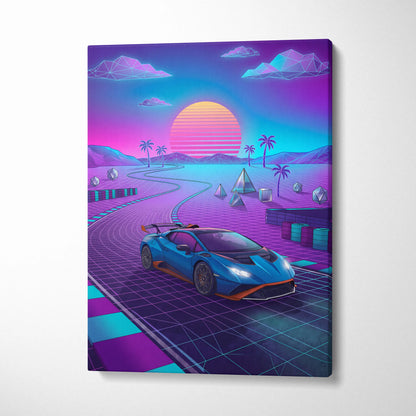 Lamborghini Huracan STO Inspired Blue Purple Canvas Wall Art, Vaporwave Track Car Artwork, Neon Sunset Garage Decor, Retro Futuristic Exotic Print