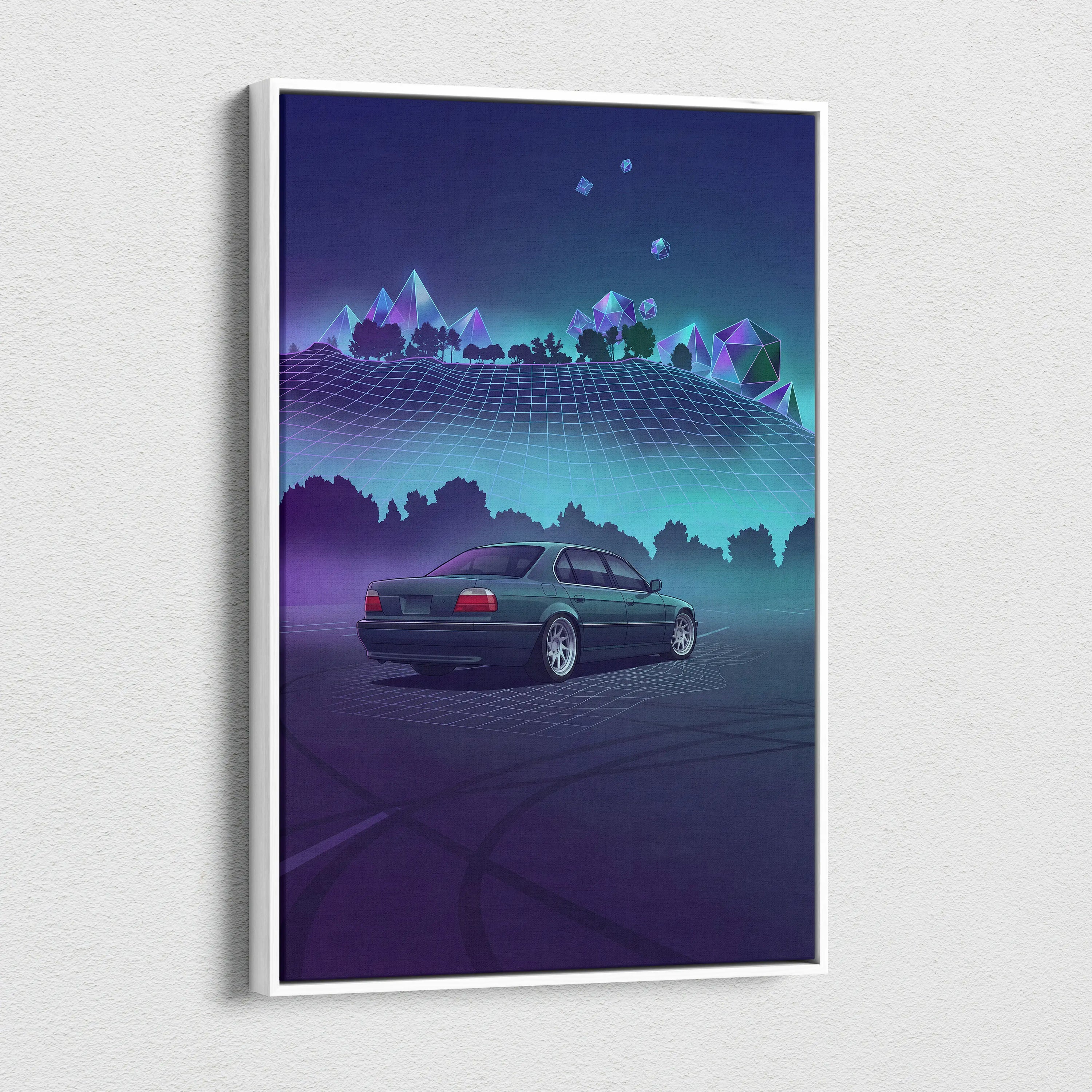 BMW 7 Series E38 Inspired Green Purple Canvas Wall Art Vaporwave Luxury Sedan Artwork Neon Forest Garage Decor Retro Futuristic JDM Print