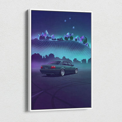 BMW 7 Series E38 Inspired Green Purple Canvas Wall Art Vaporwave Luxury Sedan Artwork Neon Forest Garage Decor Retro Futuristic JDM Print