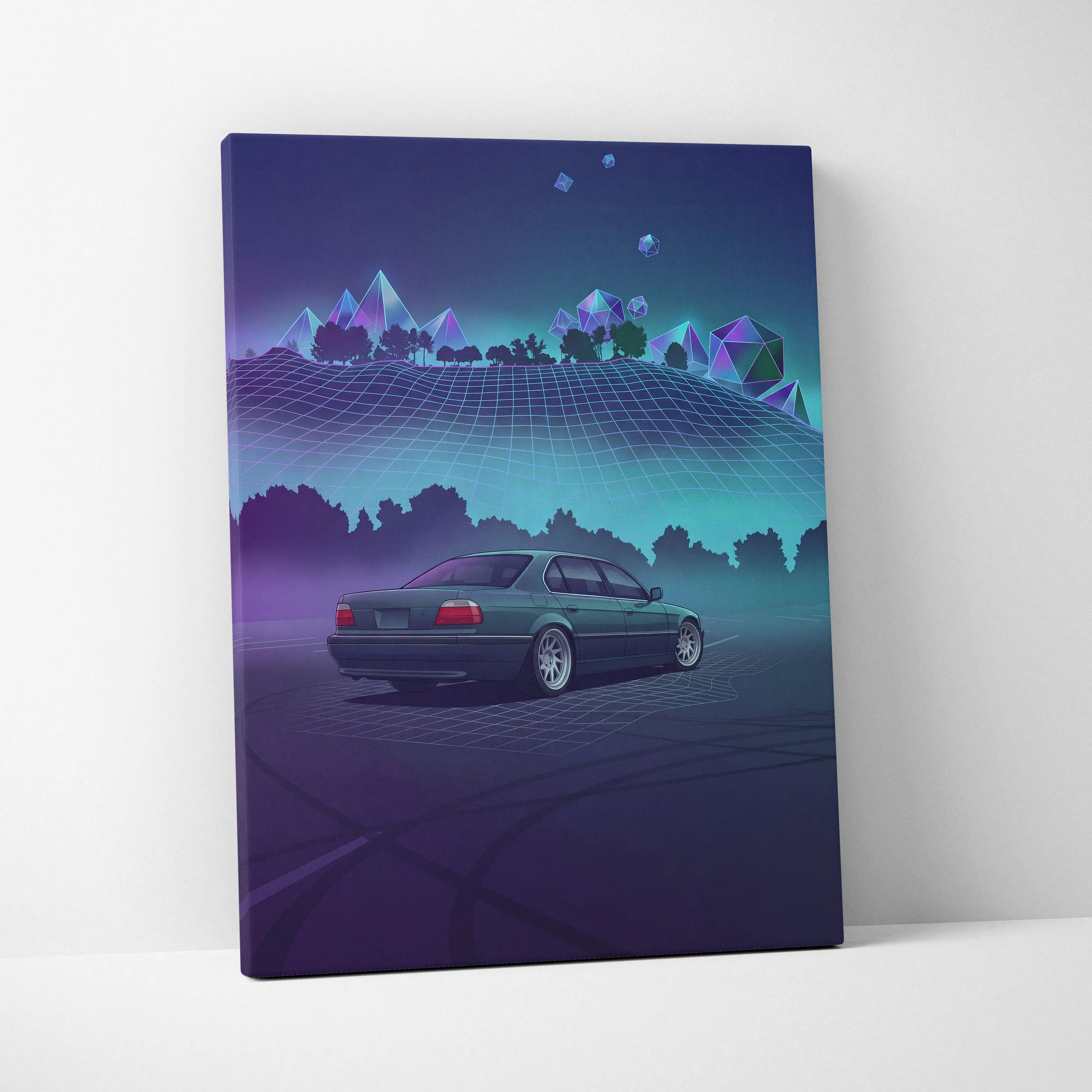 BMW 7 Series E38 Inspired Green Purple Canvas Wall Art Vaporwave Luxury Sedan Artwork Neon Forest Garage Decor Retro Futuristic JDM Print