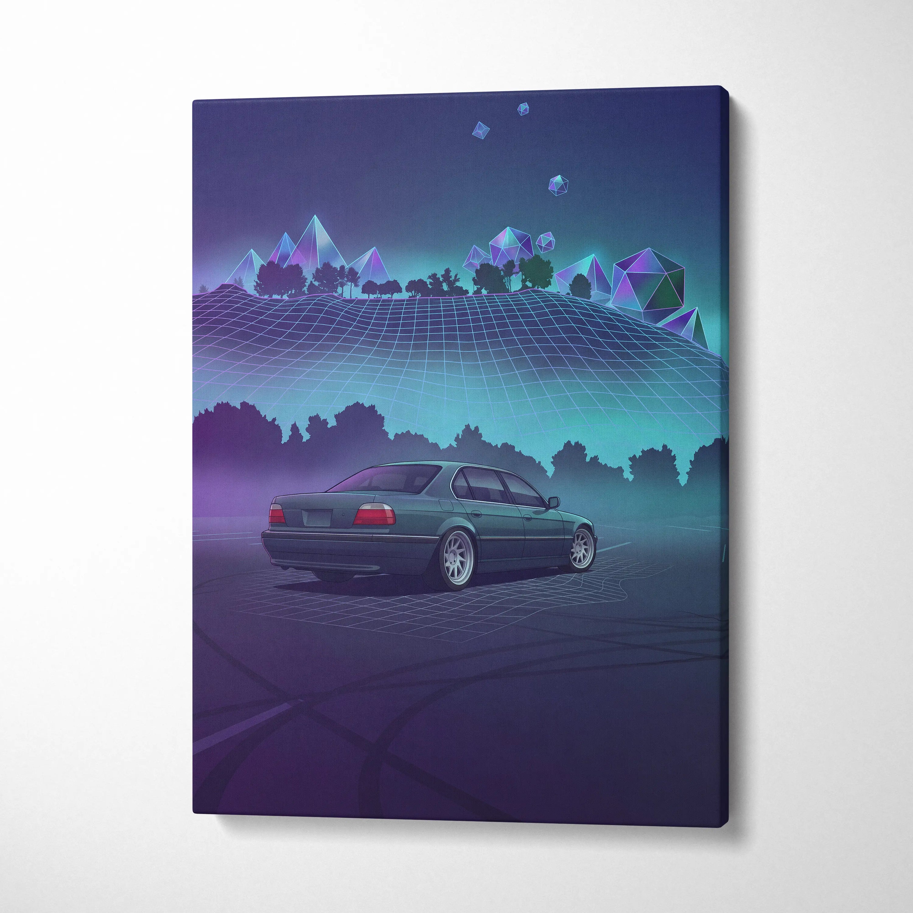 BMW 7 Series E38 Inspired Green Purple Canvas Wall Art Vaporwave Luxury Sedan Artwork Neon Forest Garage Decor Retro Futuristic JDM Print