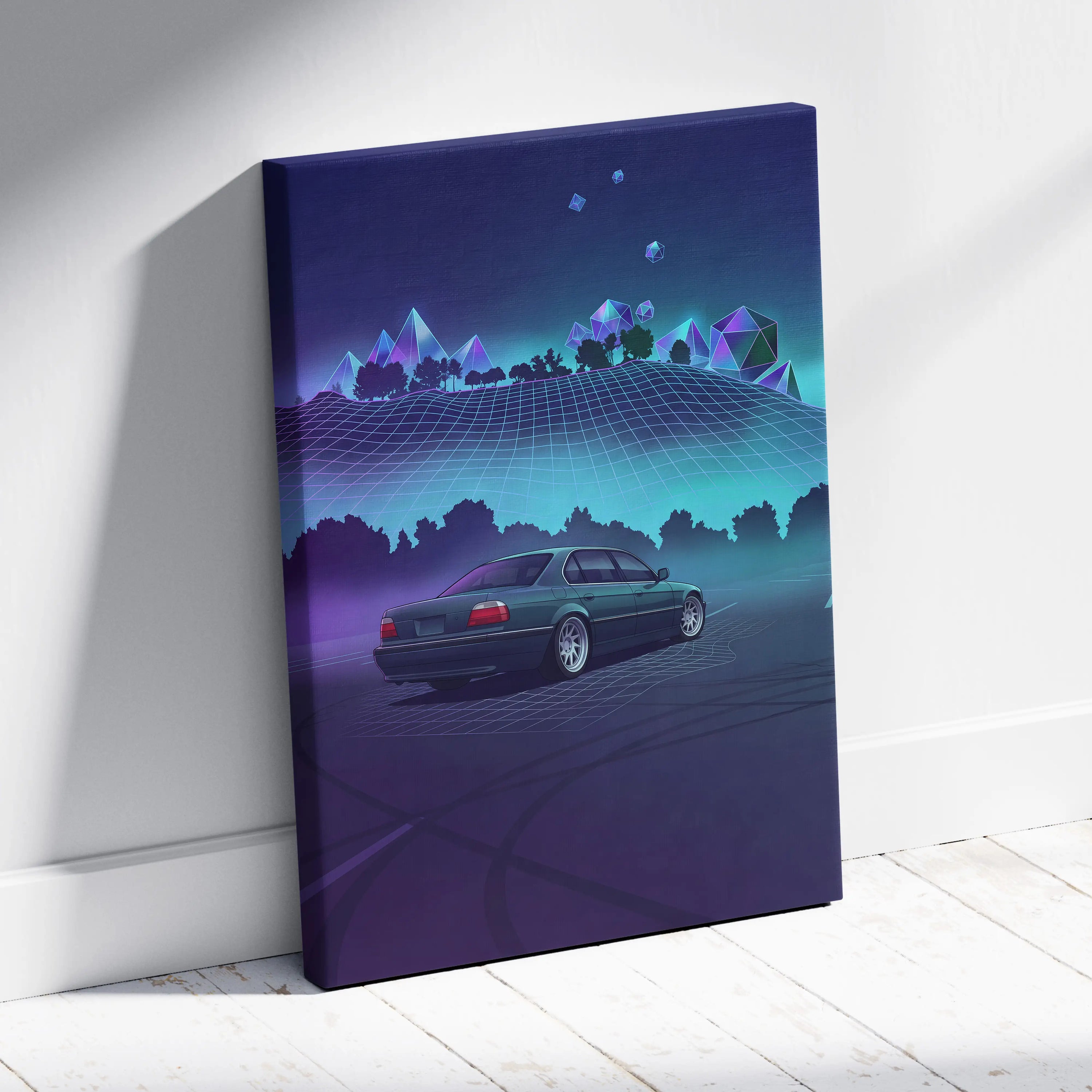 BMW 7 Series E38 Inspired Green Purple Canvas Wall Art Vaporwave Luxury Sedan Artwork Neon Forest Garage Decor Retro Futuristic JDM Print