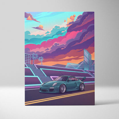Porsche 911 GT3 RS Inspired Teal Pink Canvas Wall Art Vaporwave Sports Car Artwork Neon City Garage Decor Retro Futuristic Poster