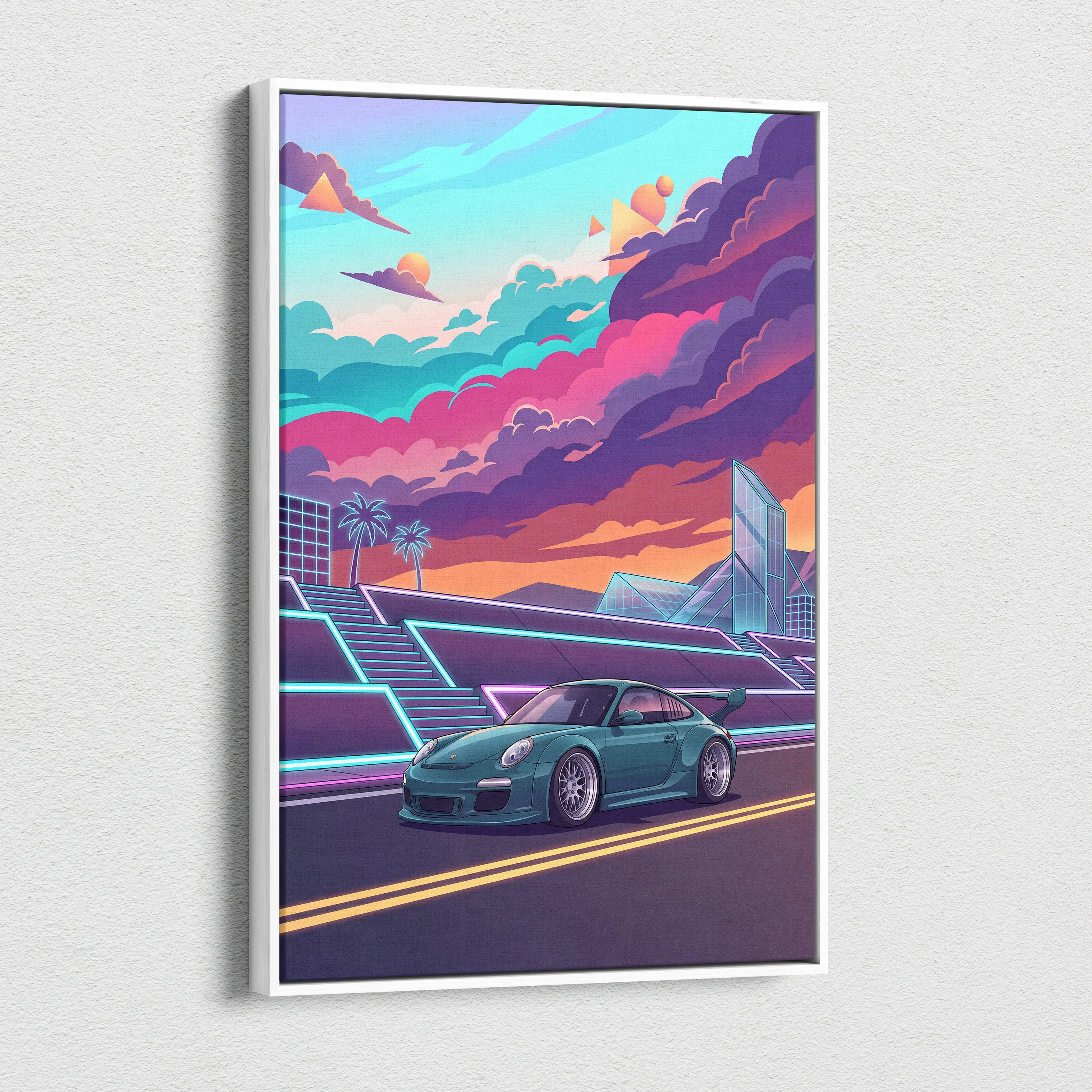Porsche 911 GT3 RS Inspired Teal Pink Canvas Wall Art Vaporwave Sports Car Artwork Neon City Garage Decor Retro Futuristic Poster