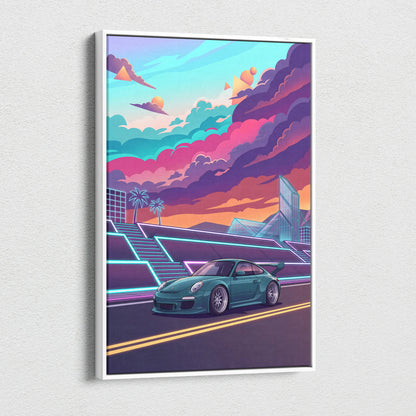 Porsche 911 GT3 RS Inspired Teal Pink Canvas Wall Art Vaporwave Sports Car Artwork Neon City Garage Decor Retro Futuristic Poster