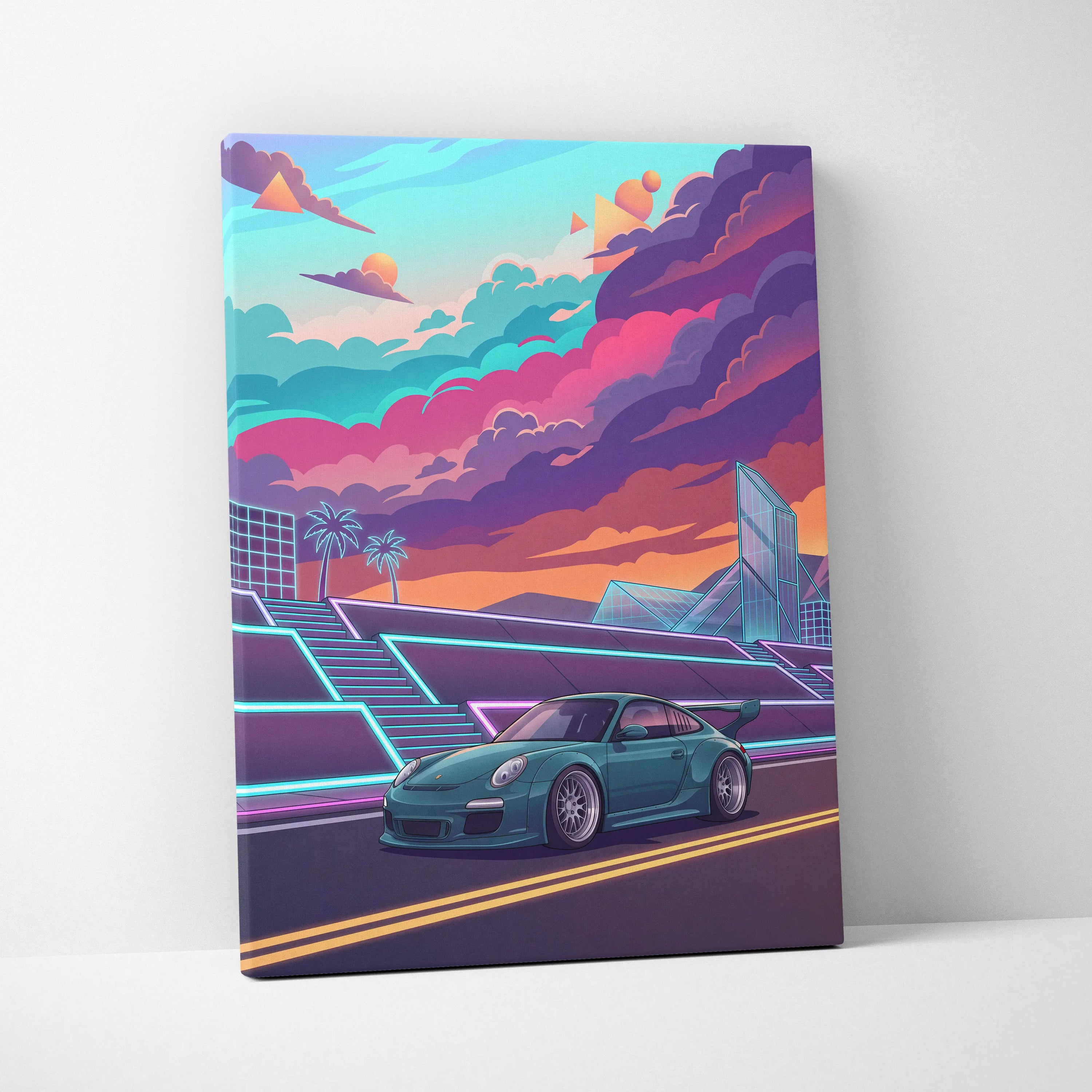 Porsche 911 GT3 RS Inspired Teal Pink Canvas Wall Art Vaporwave Sports Car Artwork Neon City Garage Decor Retro Futuristic Poster