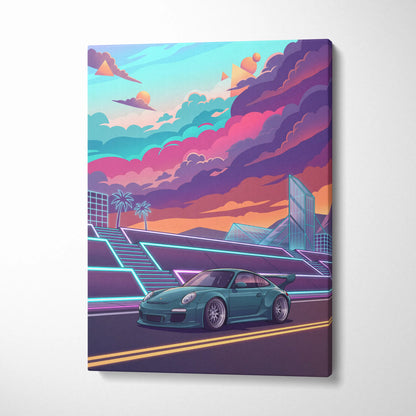 Porsche 911 GT3 RS Inspired Teal Pink Canvas Wall Art Vaporwave Sports Car Artwork Neon City Garage Decor Retro Futuristic Poster