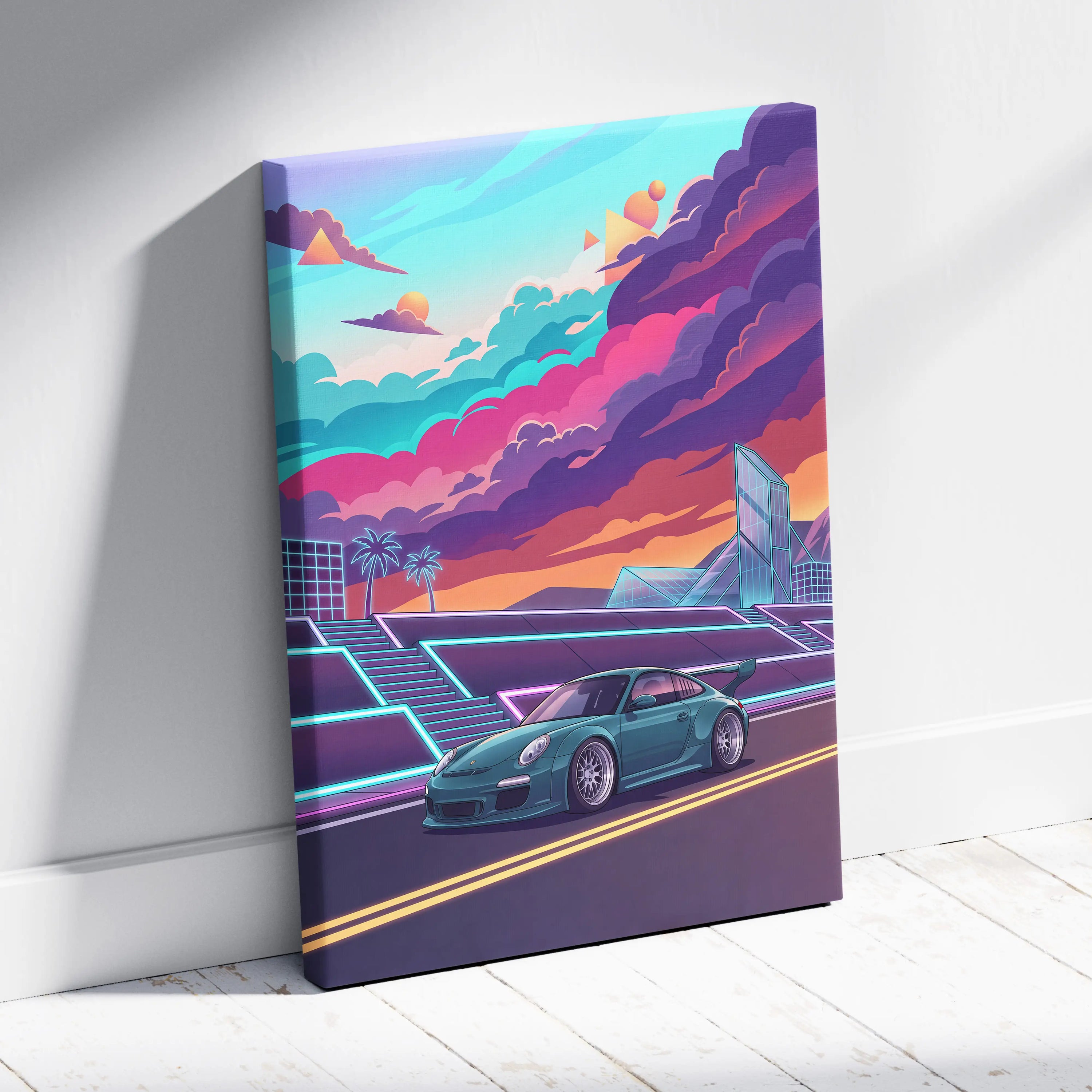 Porsche 911 GT3 RS Inspired Teal Pink Canvas Wall Art Vaporwave Sports Car Artwork Neon City Garage Decor Retro Futuristic Poster