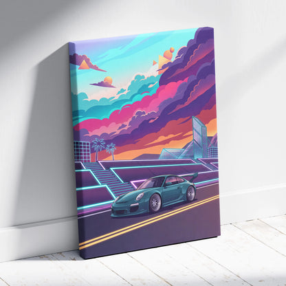 Porsche 911 GT3 RS Inspired Teal Pink Canvas Wall Art Vaporwave Sports Car Artwork Neon City Garage Decor Retro Futuristic Poster