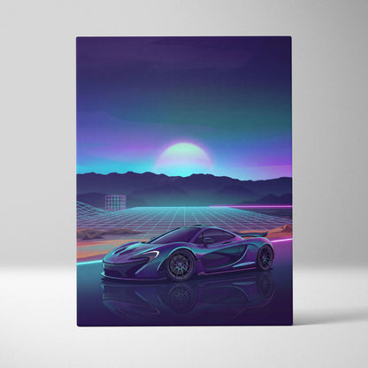 McLaren P1 Inspired Teal Purple Canvas Wall Art, Vaporwave Hypercar Artwork, Neon Grid Mountain Decor, Retro Futuristic Exotic Print