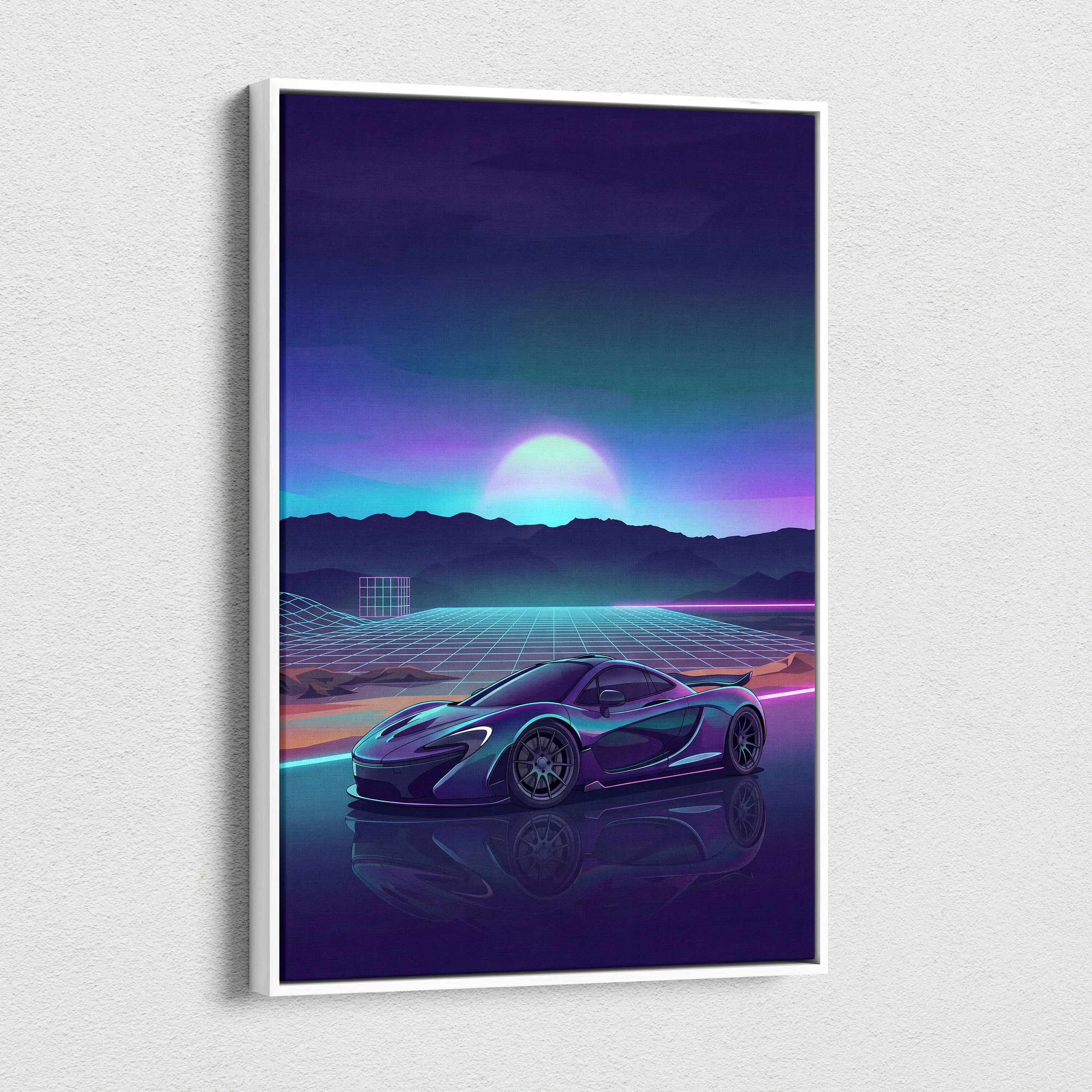 McLaren P1 Inspired Teal Purple Canvas Wall Art, Vaporwave Hypercar Artwork, Neon Grid Mountain Decor, Retro Futuristic Exotic Print