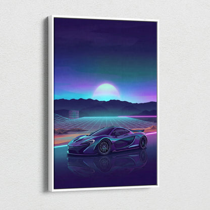 McLaren P1 Inspired Teal Purple Canvas Wall Art, Vaporwave Hypercar Artwork, Neon Grid Mountain Decor, Retro Futuristic Exotic Print