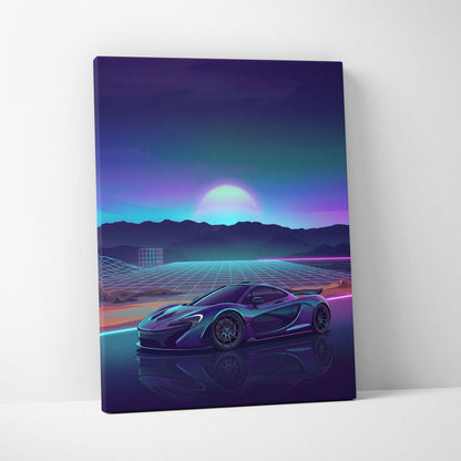 McLaren P1 Inspired Teal Purple Canvas Wall Art, Vaporwave Hypercar Artwork, Neon Grid Mountain Decor, Retro Futuristic Exotic Print