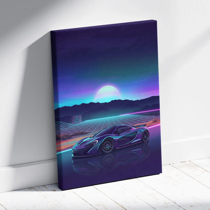 McLaren P1 Inspired Teal Purple Canvas Wall Art, Vaporwave Hypercar Artwork, Neon Grid Mountain Decor, Retro Futuristic Exotic Print