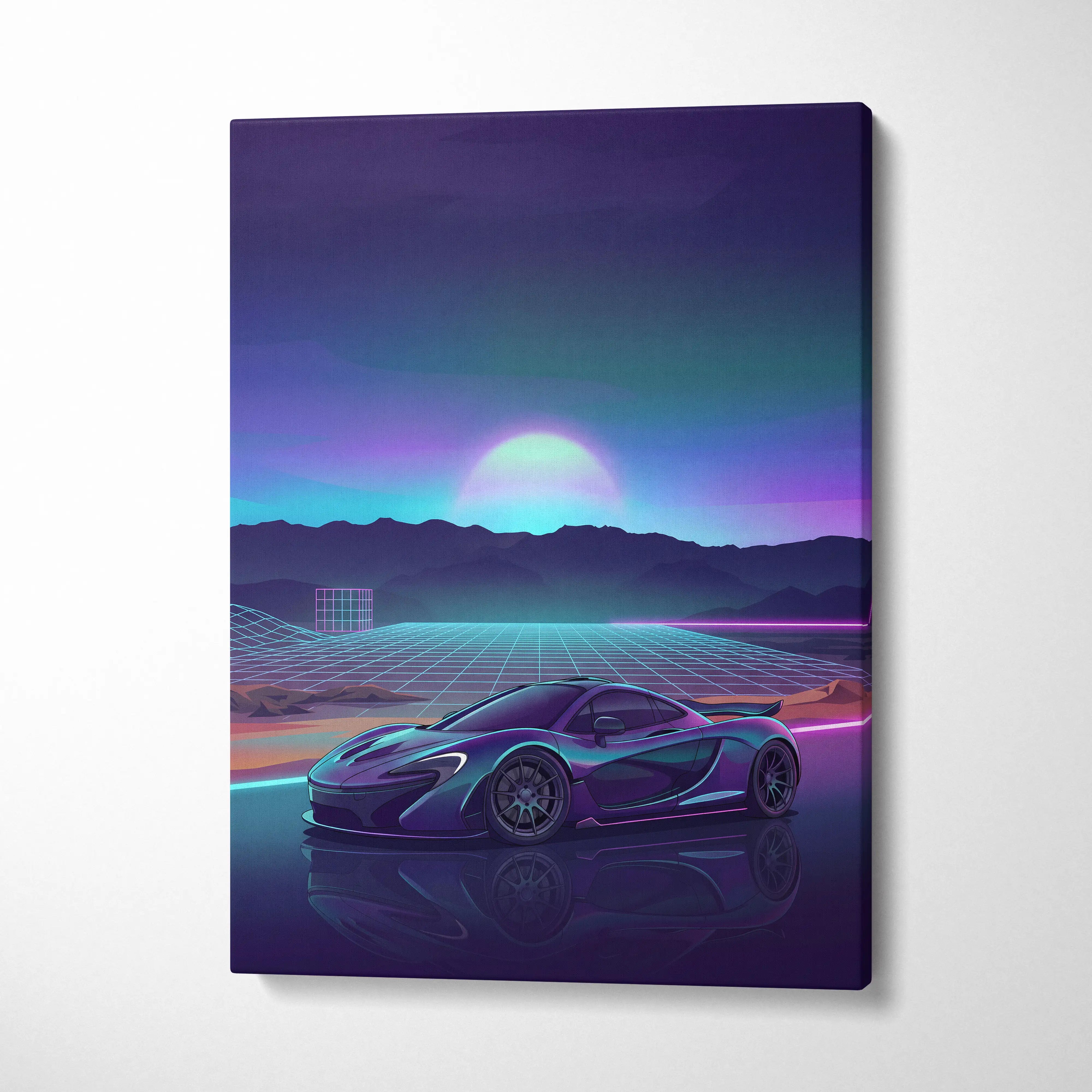 McLaren P1 Inspired Teal Purple Canvas Wall Art, Vaporwave Hypercar Artwork, Neon Grid Mountain Decor, Retro Futuristic Exotic Print
