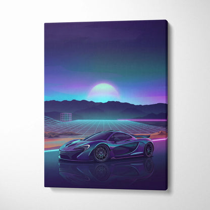 McLaren P1 Inspired Teal Purple Canvas Wall Art, Vaporwave Hypercar Artwork, Neon Grid Mountain Decor, Retro Futuristic Exotic Print