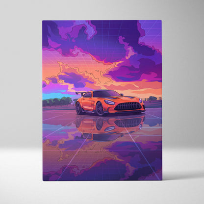 Mercedes-AMG GT Black Series Inspired Orange Purple Canvas Wall Art, Vaporwave Track Car Artwork, Neon Sunset Garage Decor, Retro Futuristic Print
