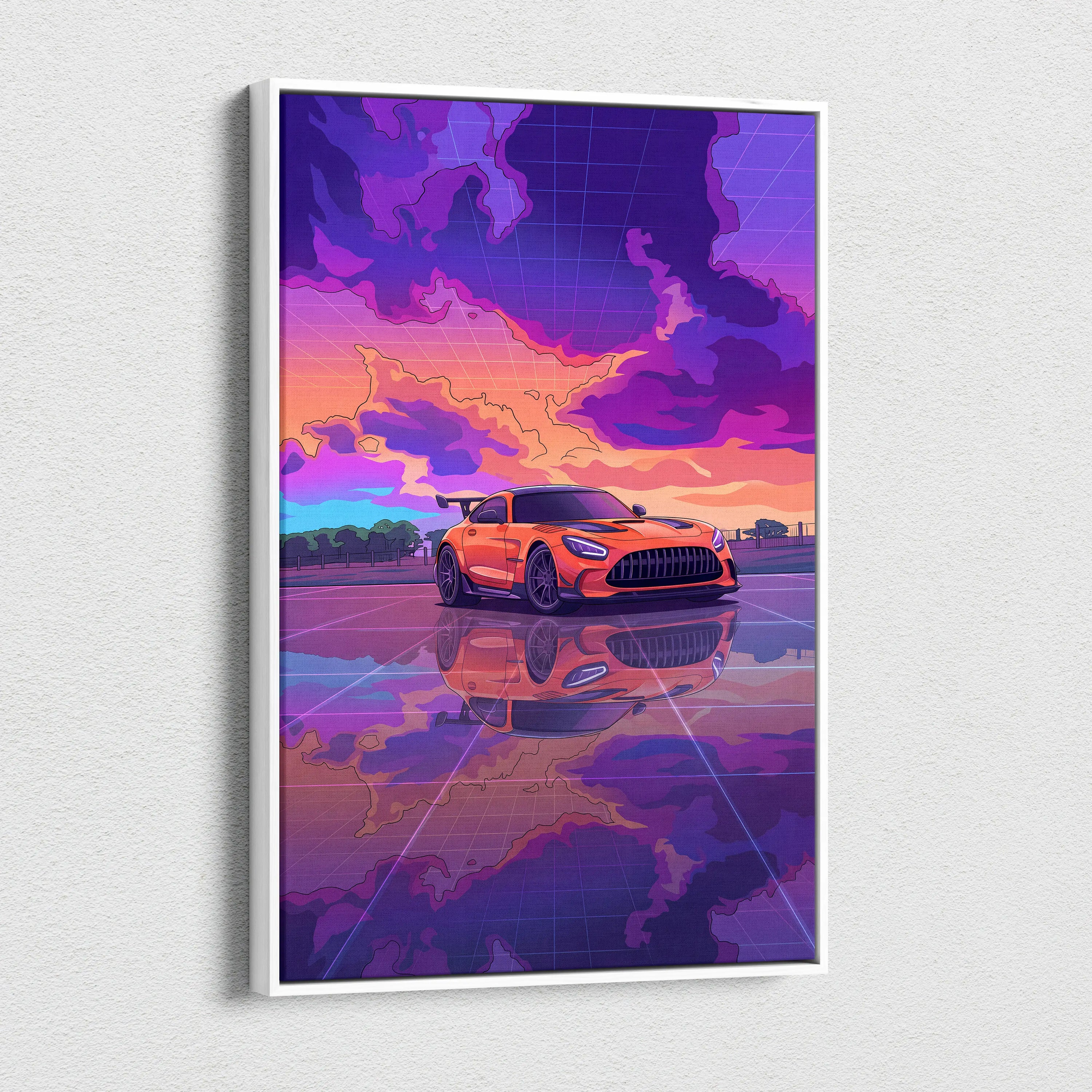 Mercedes-AMG GT Black Series Inspired Orange Purple Canvas Wall Art, Vaporwave Track Car Artwork, Neon Sunset Garage Decor, Retro Futuristic Print