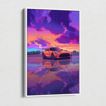 Mercedes-AMG GT Black Series Inspired Orange Purple Canvas Wall Art, Vaporwave Track Car Artwork, Neon Sunset Garage Decor, Retro Futuristic Print