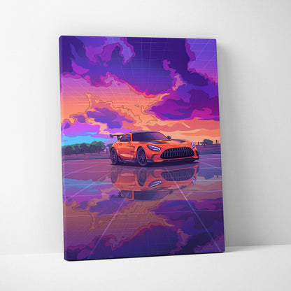 Mercedes-AMG GT Black Series Inspired Orange Purple Canvas Wall Art, Vaporwave Track Car Artwork, Neon Sunset Garage Decor, Retro Futuristic Print