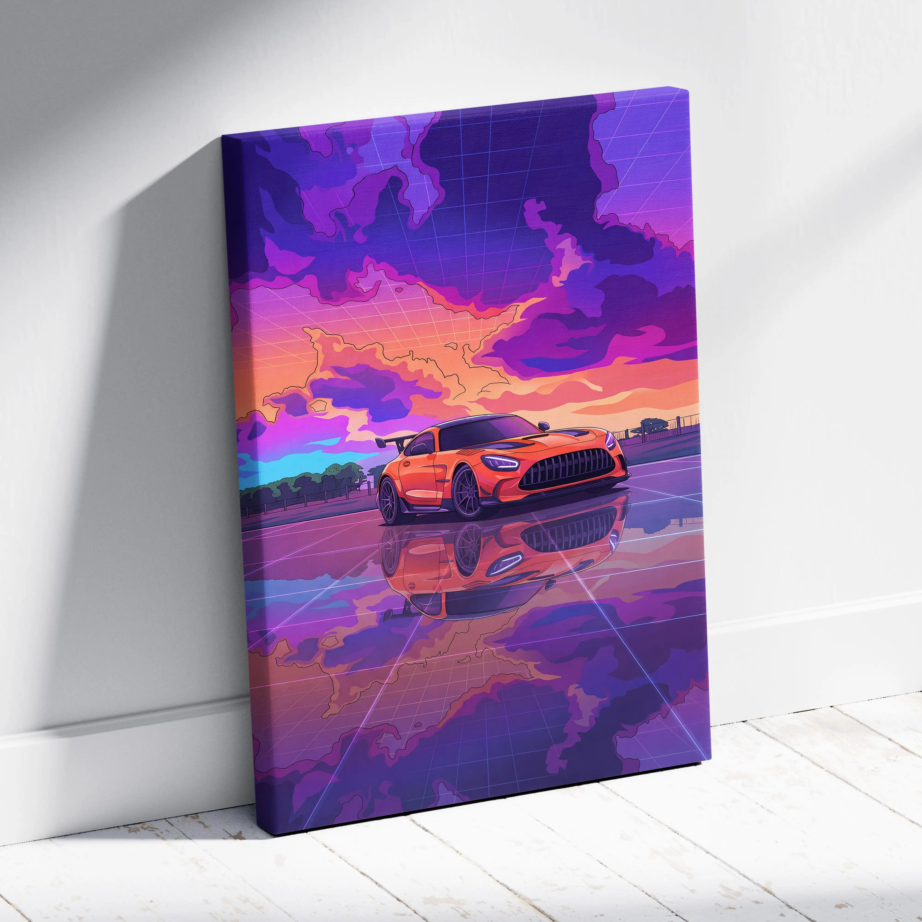 Mercedes-AMG GT Black Series Inspired Orange Purple Canvas Wall Art, Vaporwave Track Car Artwork, Neon Sunset Garage Decor, Retro Futuristic Print