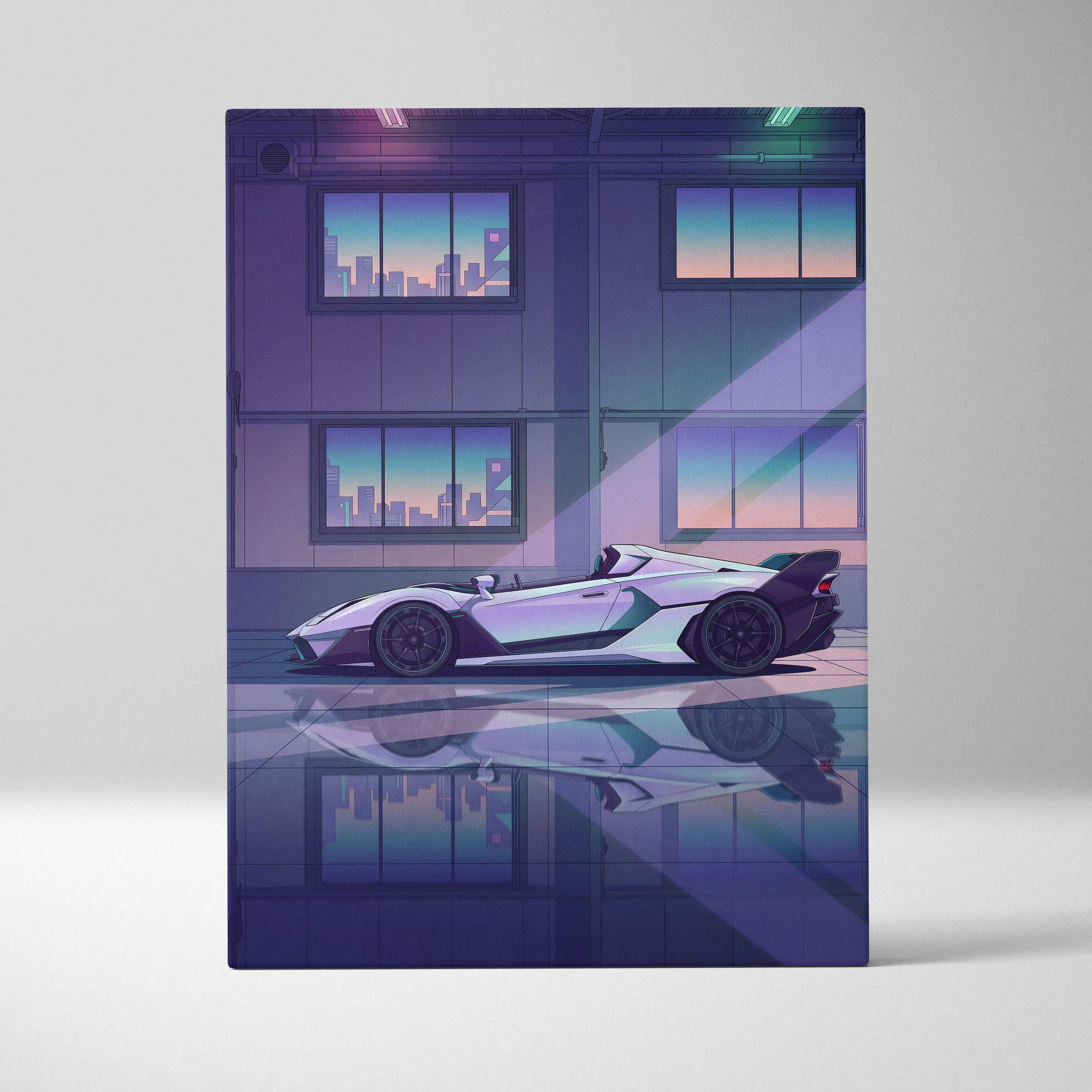 Lamborghini SC20 Inspired Silver Purple Canvas Wall Art, Vaporwave Hypercar Artwork, Neon City Garage Decor, Retro Futuristic Exotic Print