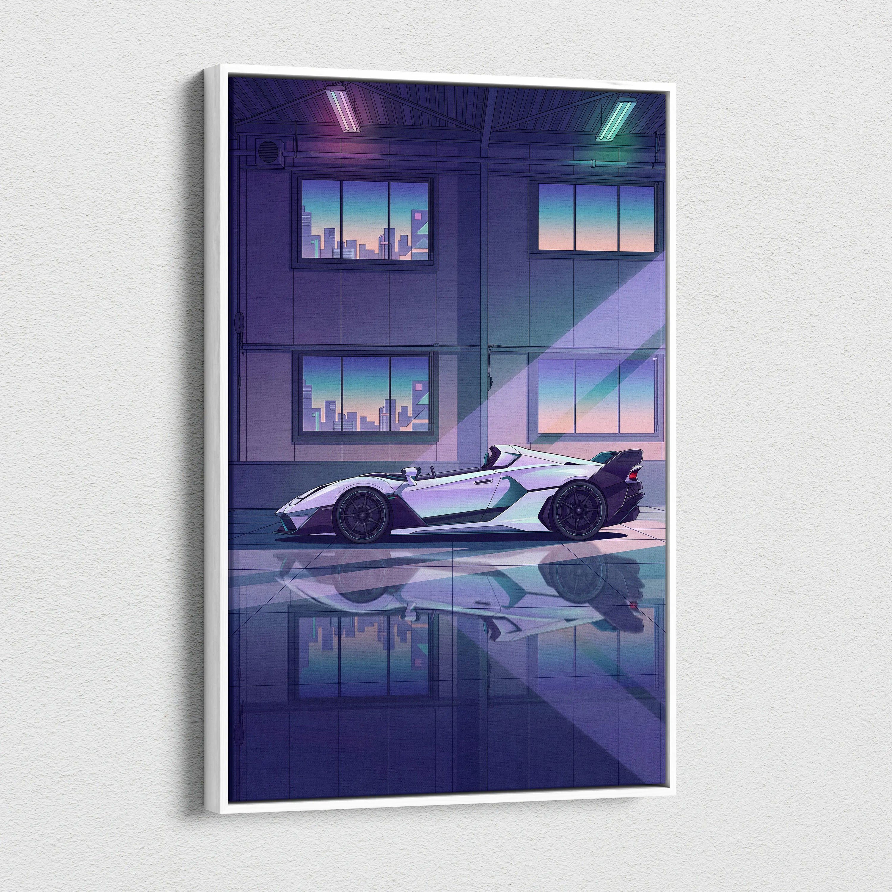 Lamborghini SC20 Inspired Silver Purple Canvas Wall Art, Vaporwave Hypercar Artwork, Neon City Garage Decor, Retro Futuristic Exotic Print