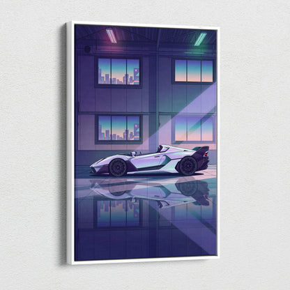 Lamborghini SC20 Inspired Silver Purple Canvas Wall Art, Vaporwave Hypercar Artwork, Neon City Garage Decor, Retro Futuristic Exotic Print