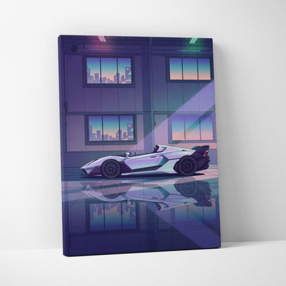 Lamborghini SC20 Inspired Silver Purple Canvas Wall Art, Vaporwave Hypercar Artwork, Neon City Garage Decor, Retro Futuristic Exotic Print