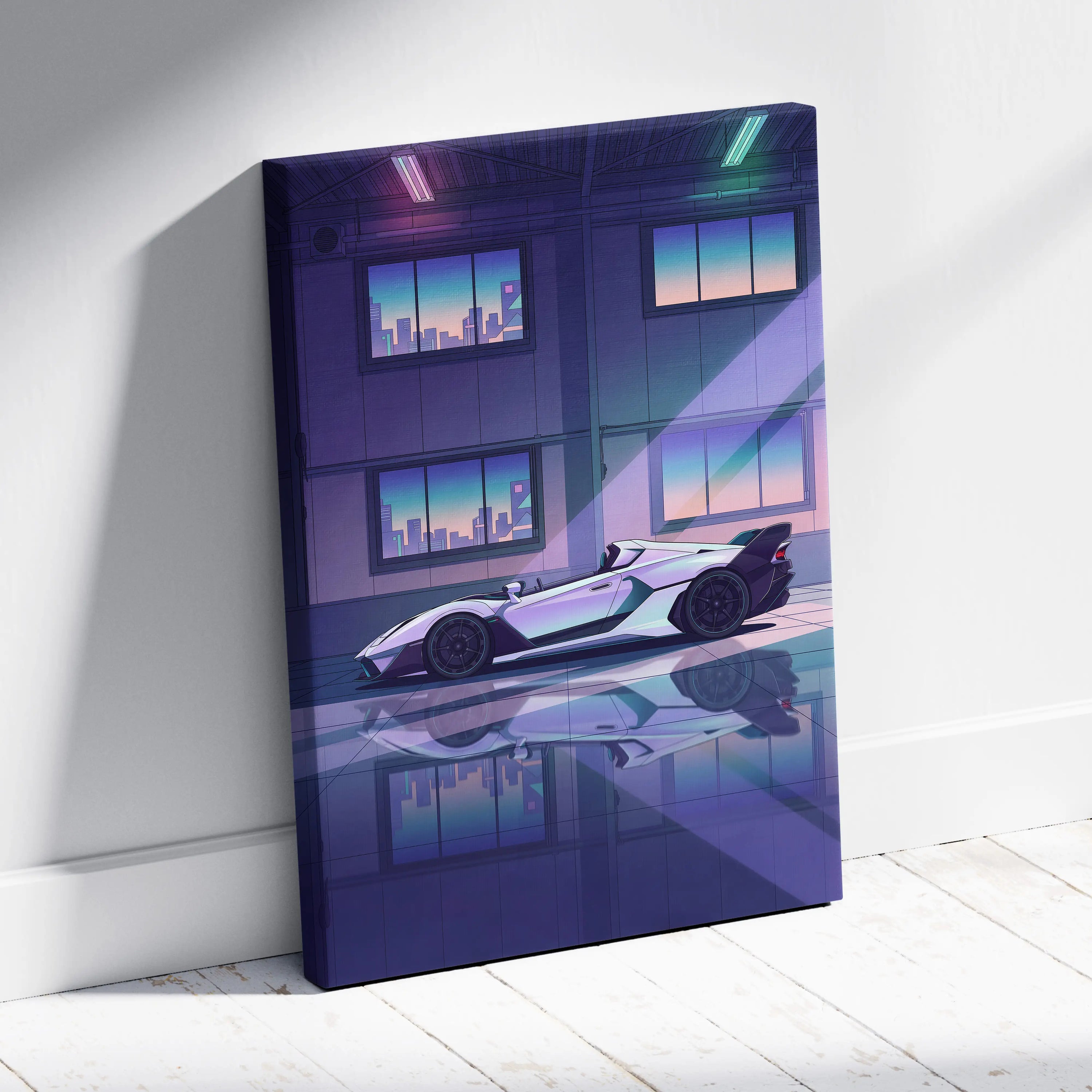 Lamborghini SC20 Inspired Silver Purple Canvas Wall Art, Vaporwave Hypercar Artwork, Neon City Garage Decor, Retro Futuristic Exotic Print