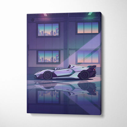 Lamborghini SC20 Inspired Silver Purple Canvas Wall Art, Vaporwave Hypercar Artwork, Neon City Garage Decor, Retro Futuristic Exotic Print