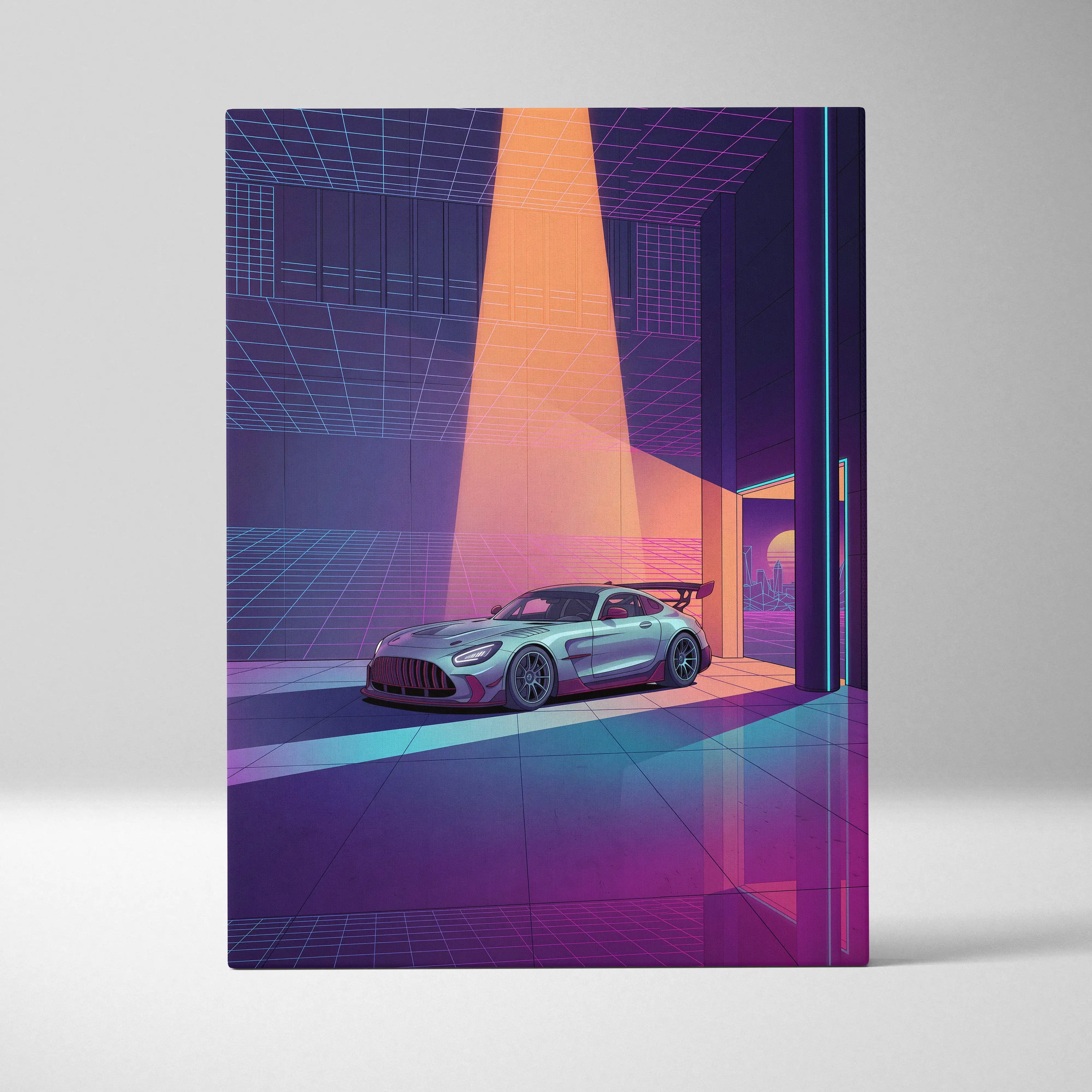 Mercedes-AMG GT Black Series Inspired Silver Purple Canvas Wall Art, Vaporwave Track Car Artwork, Neon Grid Garage Decor, Retro Futuristic Motorsport Print