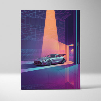 Mercedes-AMG GT Black Series Inspired Silver Purple Canvas Wall Art, Vaporwave Track Car Artwork, Neon Grid Garage Decor, Retro Futuristic Motorsport Print