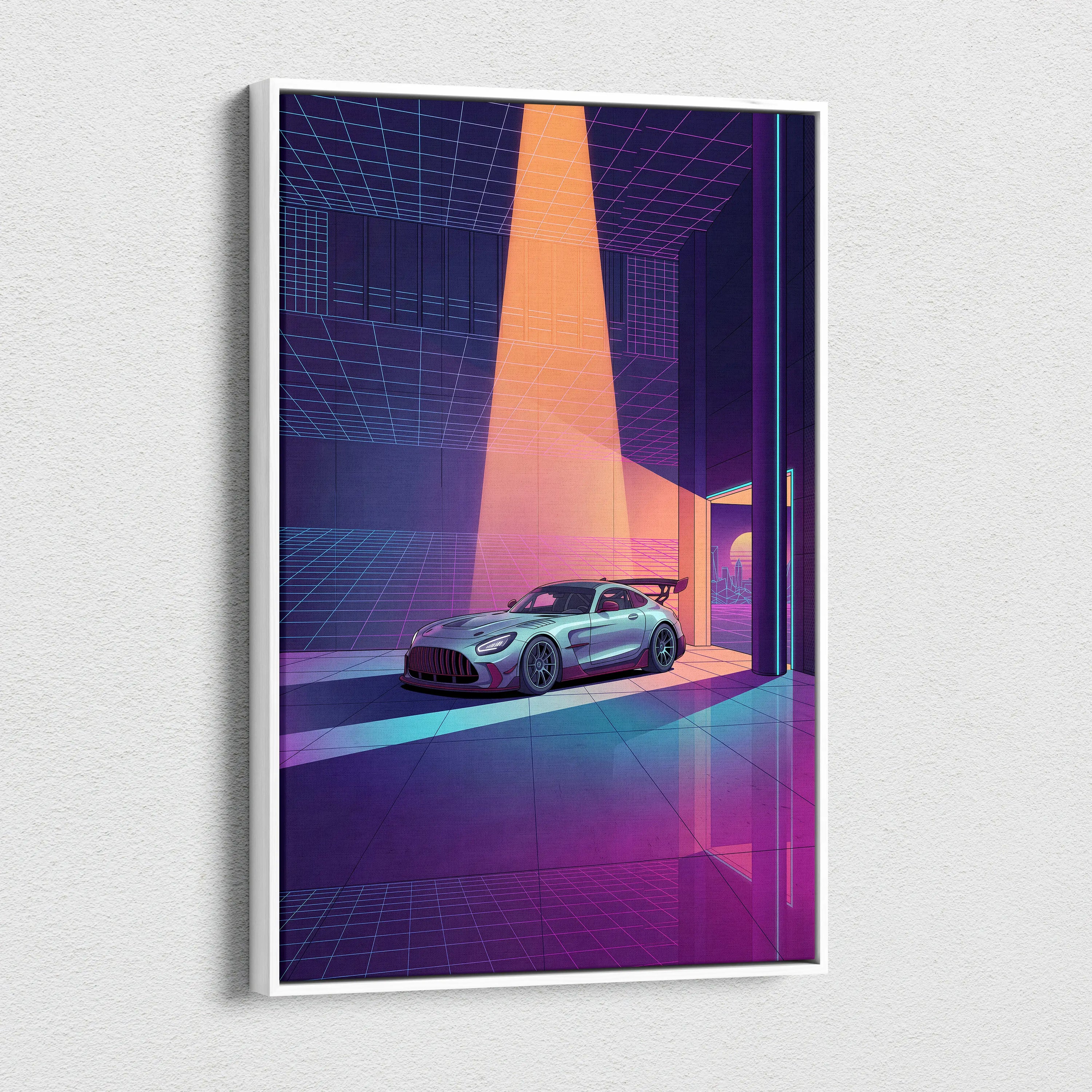 Mercedes-AMG GT Black Series Inspired Silver Purple Canvas Wall Art, Vaporwave Track Car Artwork, Neon Grid Garage Decor, Retro Futuristic Motorsport Print