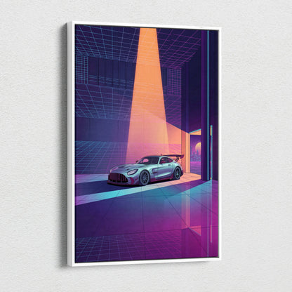 Mercedes-AMG GT Black Series Inspired Silver Purple Canvas Wall Art, Vaporwave Track Car Artwork, Neon Grid Garage Decor, Retro Futuristic Motorsport Print