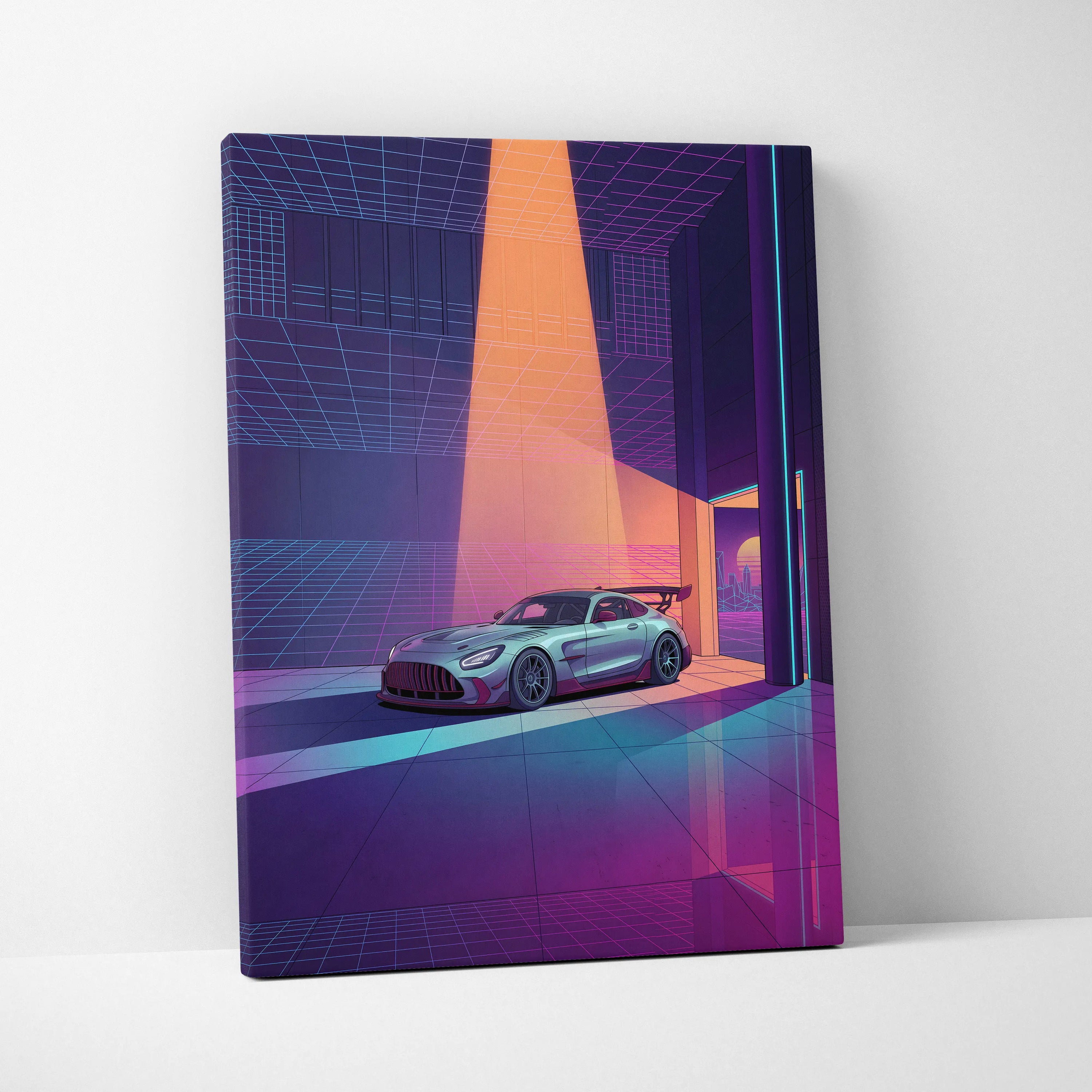 Mercedes-AMG GT Black Series Inspired Silver Purple Canvas Wall Art, Vaporwave Track Car Artwork, Neon Grid Garage Decor, Retro Futuristic Motorsport Print