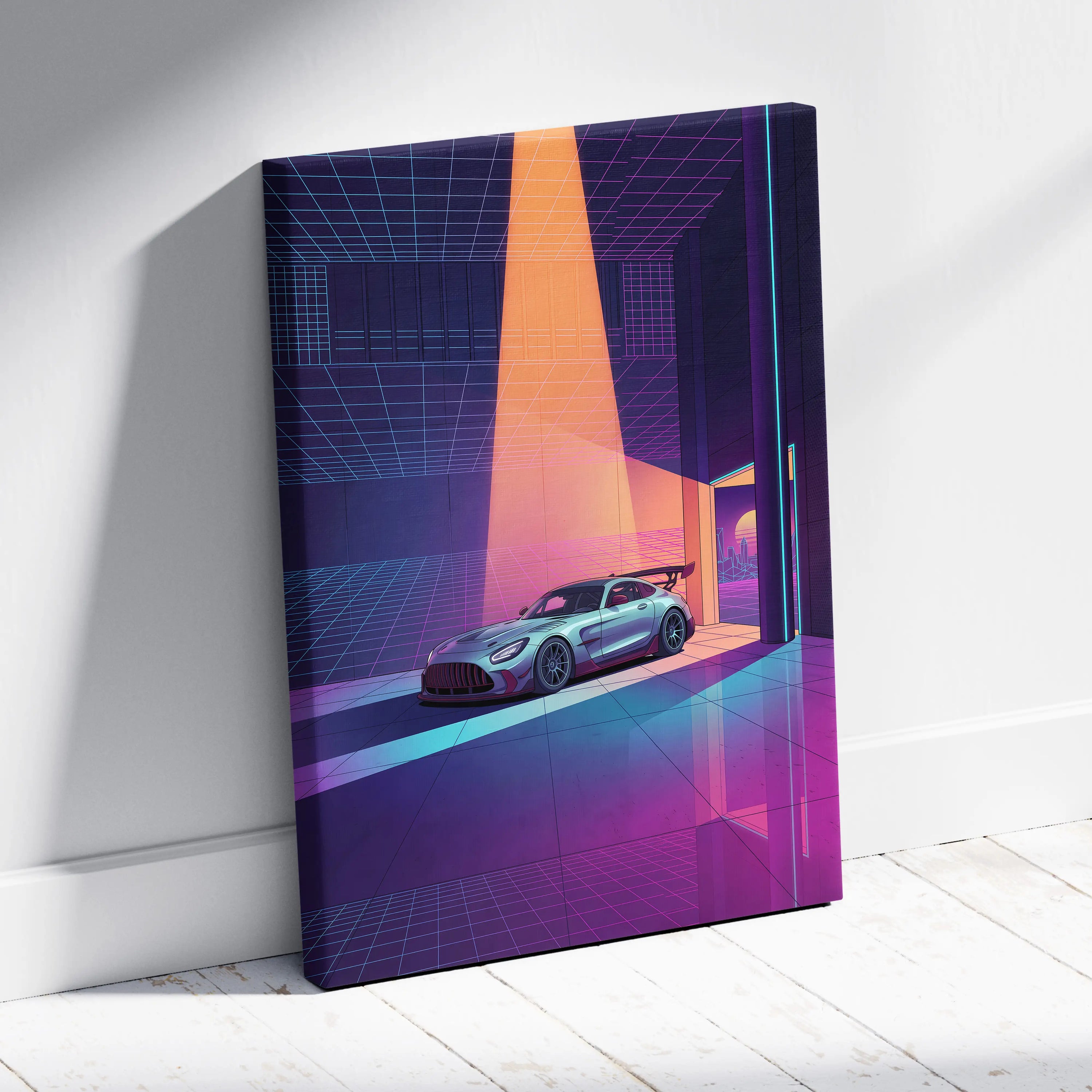 Mercedes-AMG GT Black Series Inspired Silver Purple Canvas Wall Art, Vaporwave Track Car Artwork, Neon Grid Garage Decor, Retro Futuristic Motorsport Print