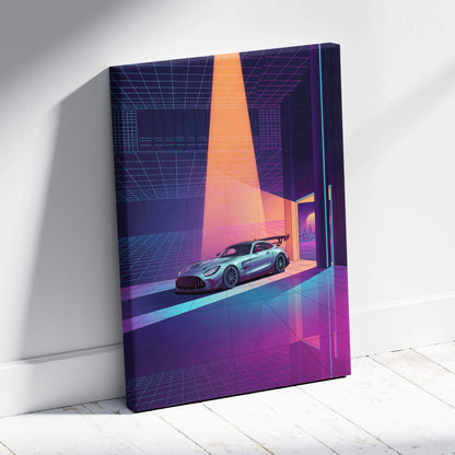 Mercedes-AMG GT Black Series Inspired Silver Purple Canvas Wall Art, Vaporwave Track Car Artwork, Neon Grid Garage Decor, Retro Futuristic Motorsport Print
