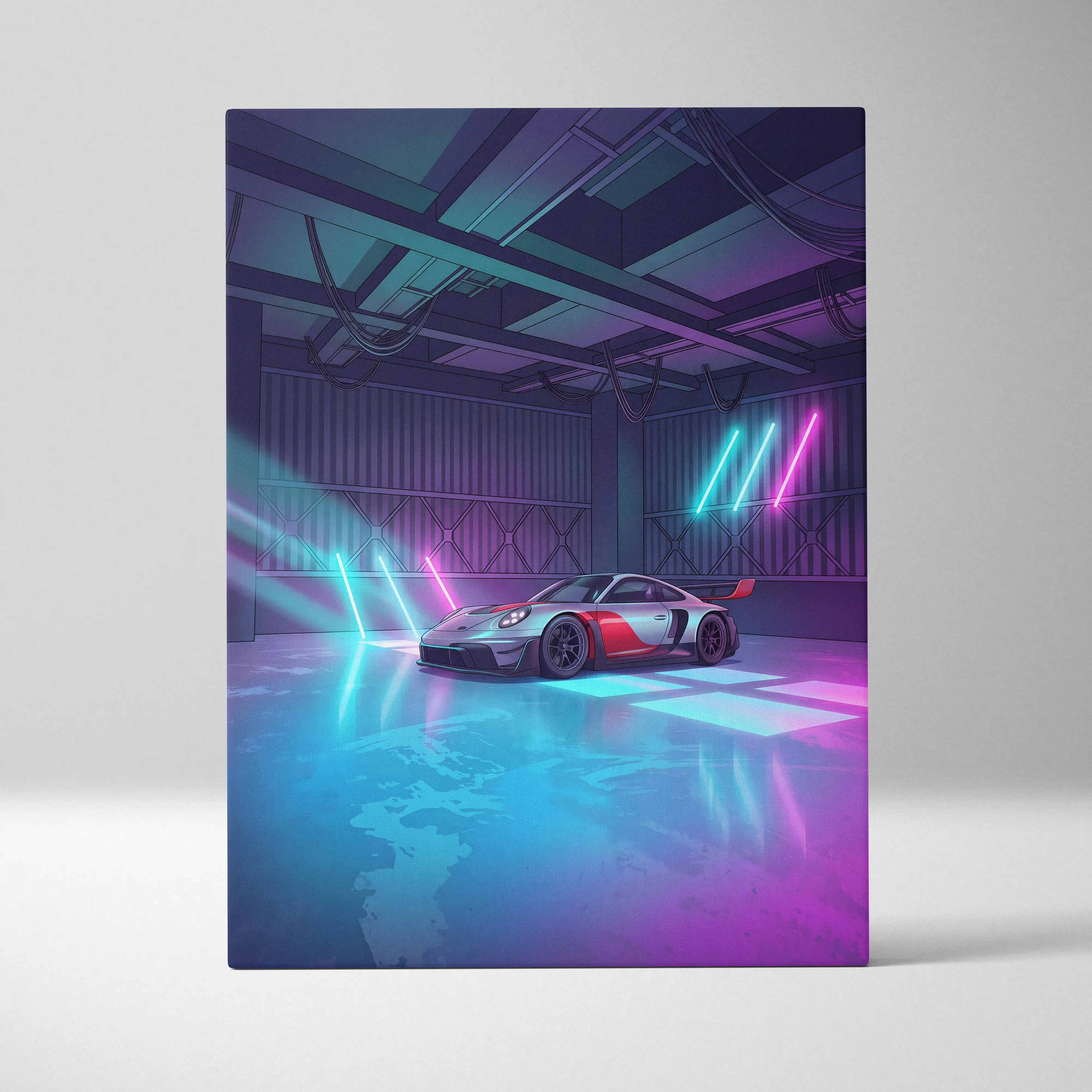 Porsche 911 GT3 RS Inspired Silver Pink Canvas Wall Art Vaporwave Neon Garage Sports Car Artwork, Cyberpunk Motorsport Decor