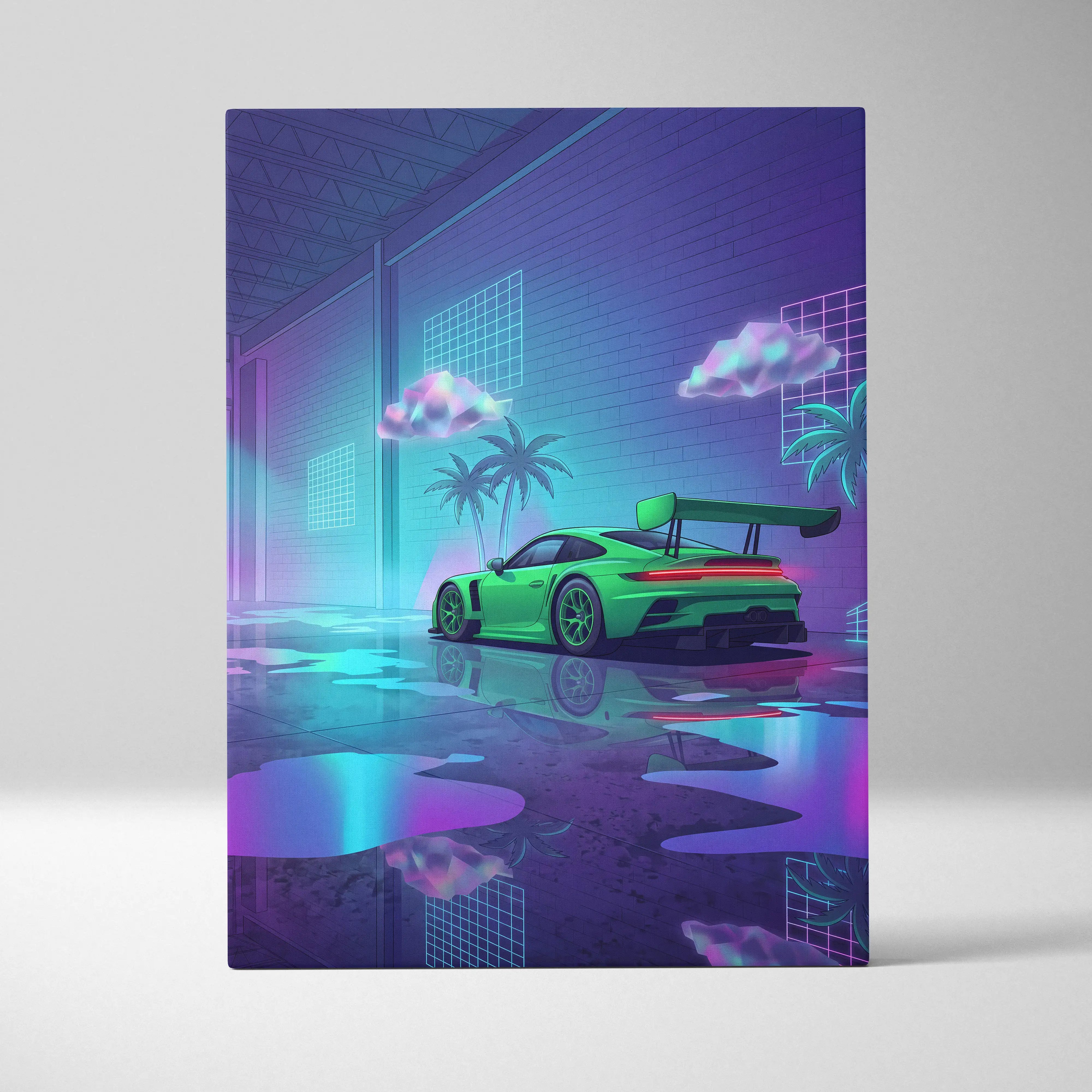 Porsche 911 GT3 RS Inspired Green Purple Canvas Wall Art Vaporwave Neon Garage Sports Car Artwork, Cyberpunk Palm Motorsport Decor