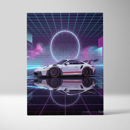 Porsche 911 GT3 RS Inspired White Purple Canvas Wall Art Vaporwave Neon Grid Sports Car Artwork, Cyberpunk Garage Decor