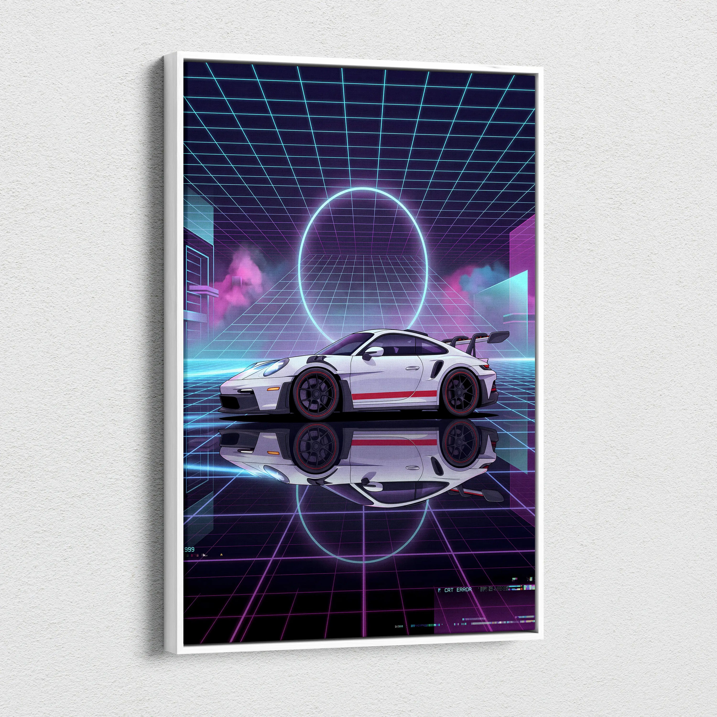 Porsche 911 GT3 RS Inspired White Purple Canvas Wall Art Vaporwave Neon Grid Sports Car Artwork, Cyberpunk Garage Decor