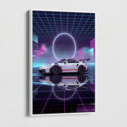 Porsche 911 GT3 RS Inspired White Purple Canvas Wall Art Vaporwave Neon Grid Sports Car Artwork, Cyberpunk Garage Decor