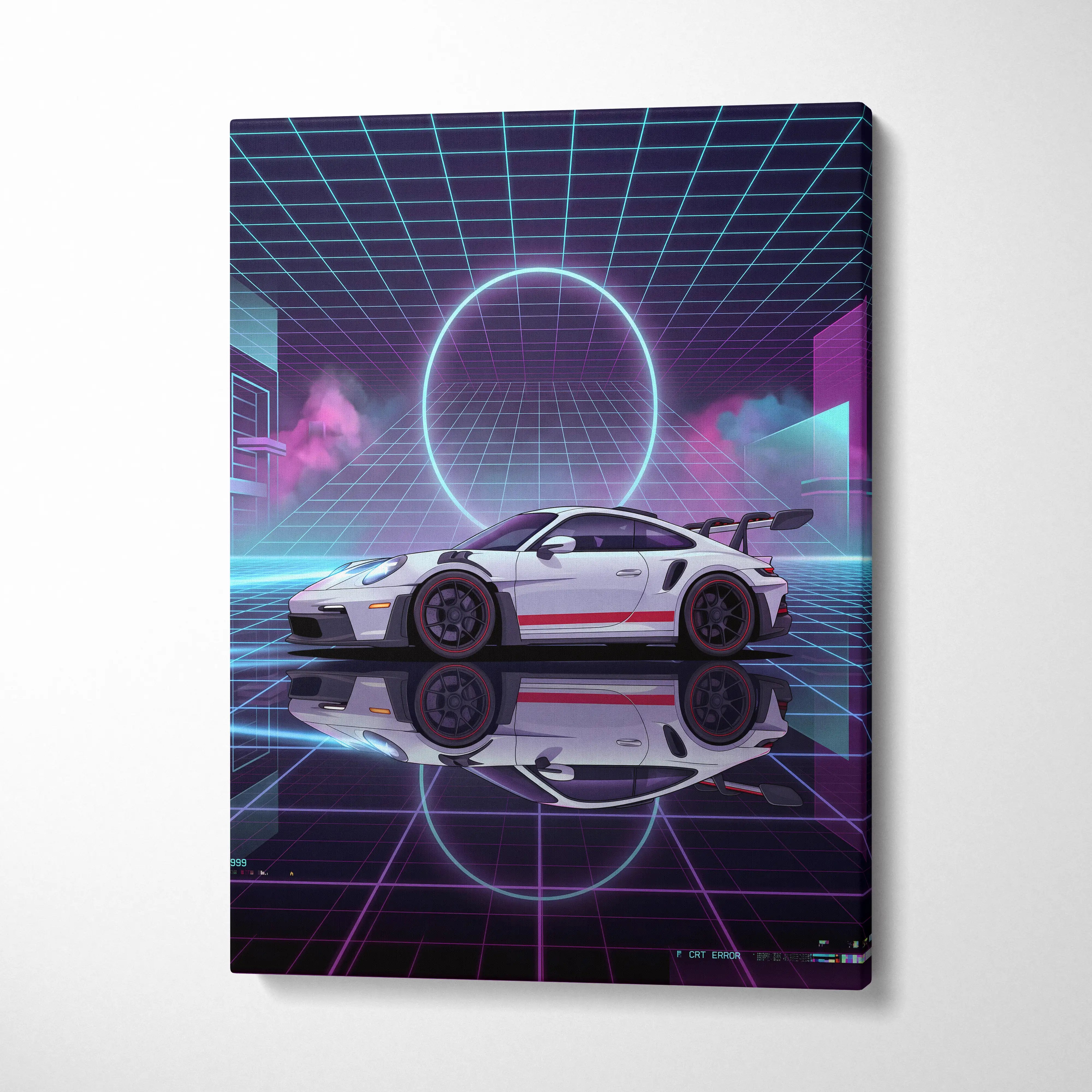 Porsche 911 GT3 RS Inspired White Purple Canvas Wall Art Vaporwave Neon Grid Sports Car Artwork, Cyberpunk Garage Decor