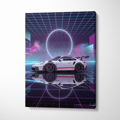 Porsche 911 GT3 RS Inspired White Purple Canvas Wall Art Vaporwave Neon Grid Sports Car Artwork, Cyberpunk Garage Decor