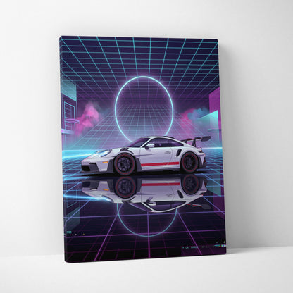 Porsche 911 GT3 RS Inspired White Purple Canvas Wall Art Vaporwave Neon Grid Sports Car Artwork, Cyberpunk Garage Decor