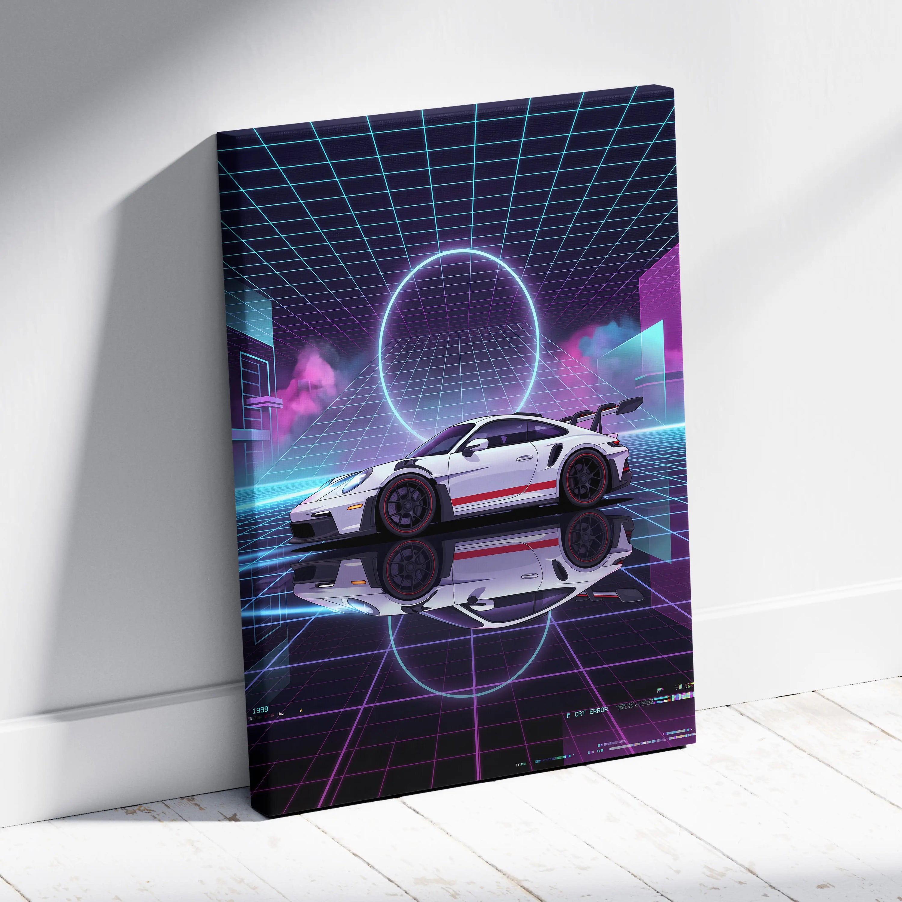 Porsche 911 GT3 RS Inspired White Purple Canvas Wall Art Vaporwave Neon Grid Sports Car Artwork, Cyberpunk Garage Decor