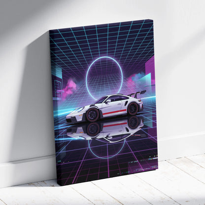 Porsche 911 GT3 RS Inspired White Purple Canvas Wall Art Vaporwave Neon Grid Sports Car Artwork, Cyberpunk Garage Decor