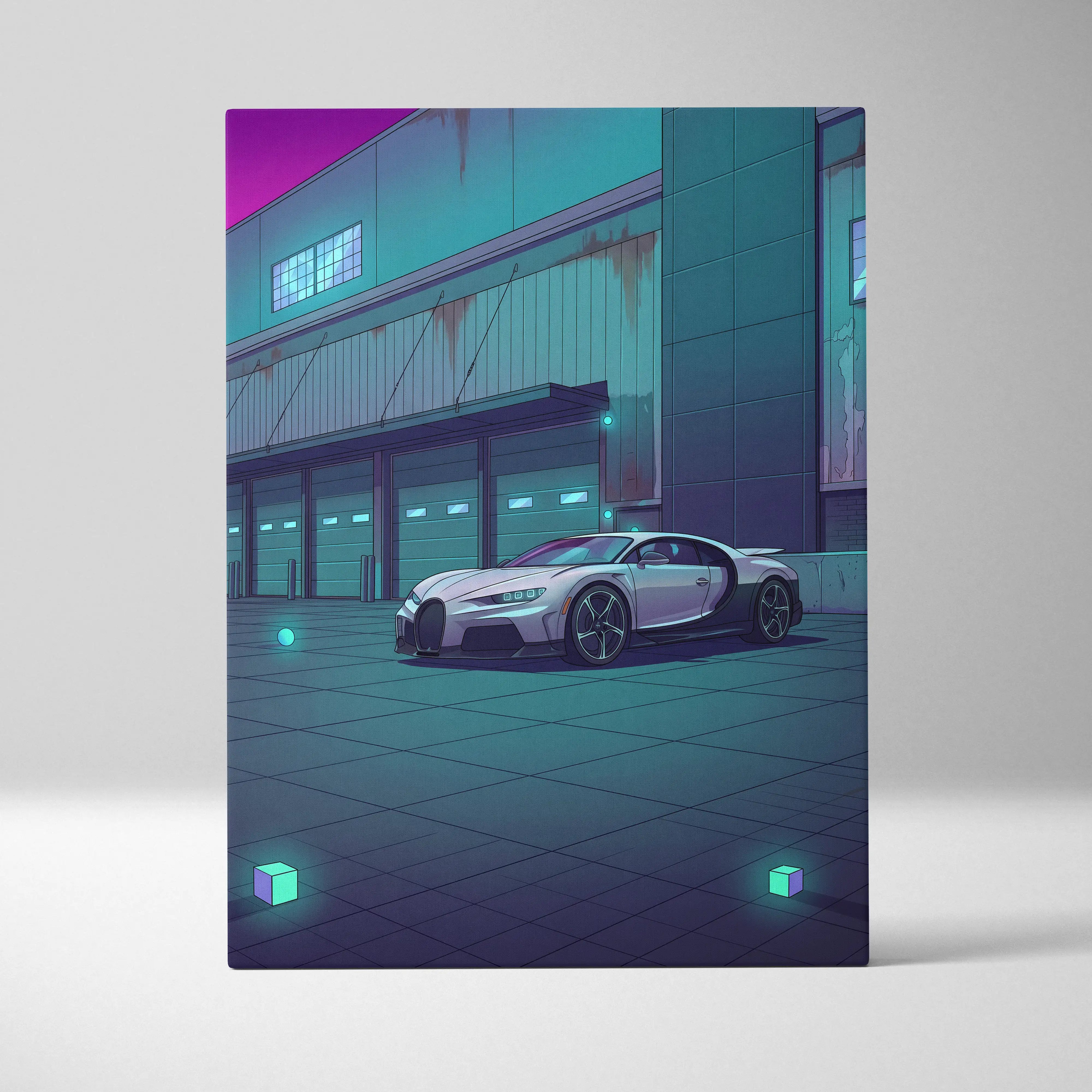 A sleek silver bugatti chiron inspired vaporwave car canvas with neon pink teal urban retro futurism art
